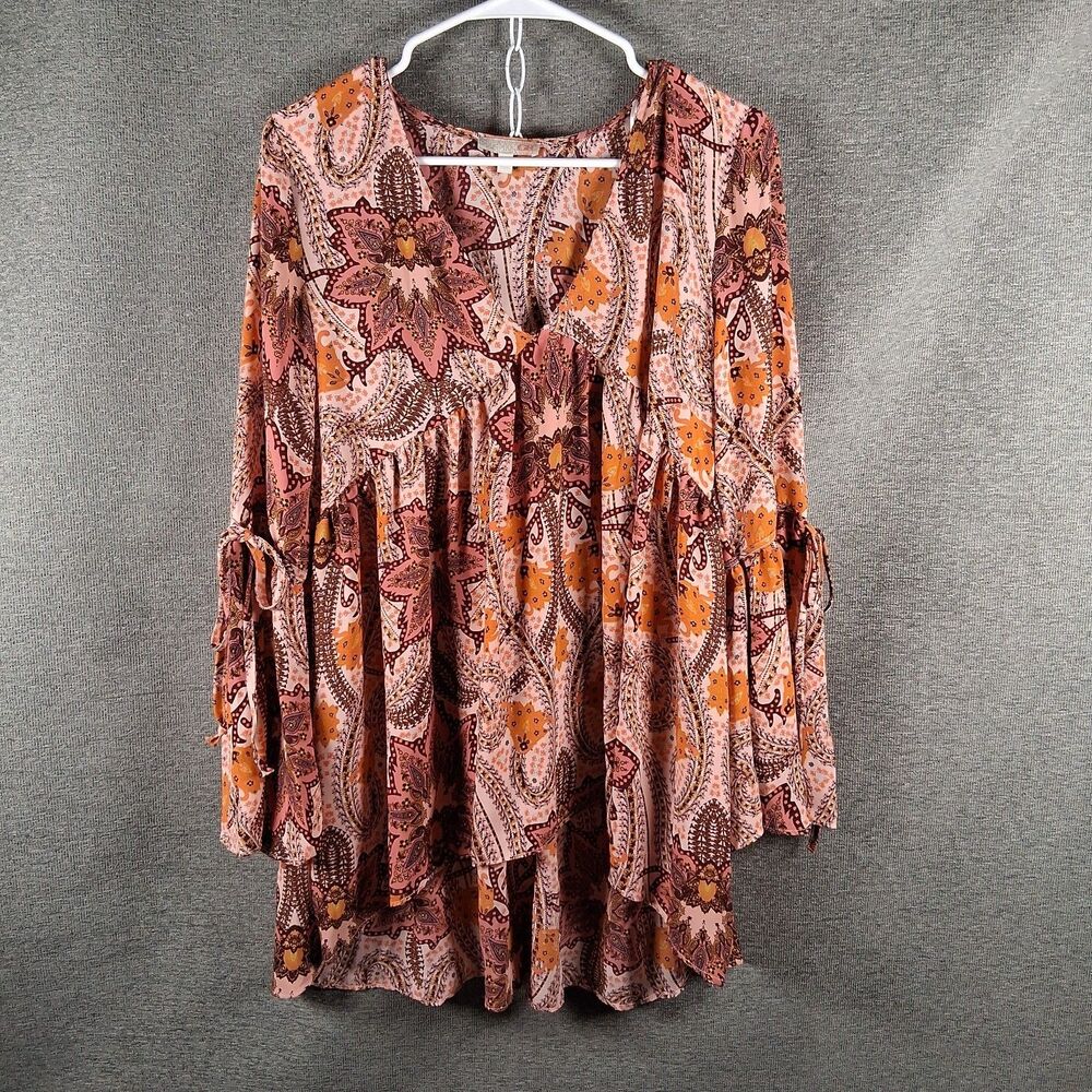 GB Pink Orange Paisley Boho Bell Sleeve Tunic Top Festival Bohemian Casual M